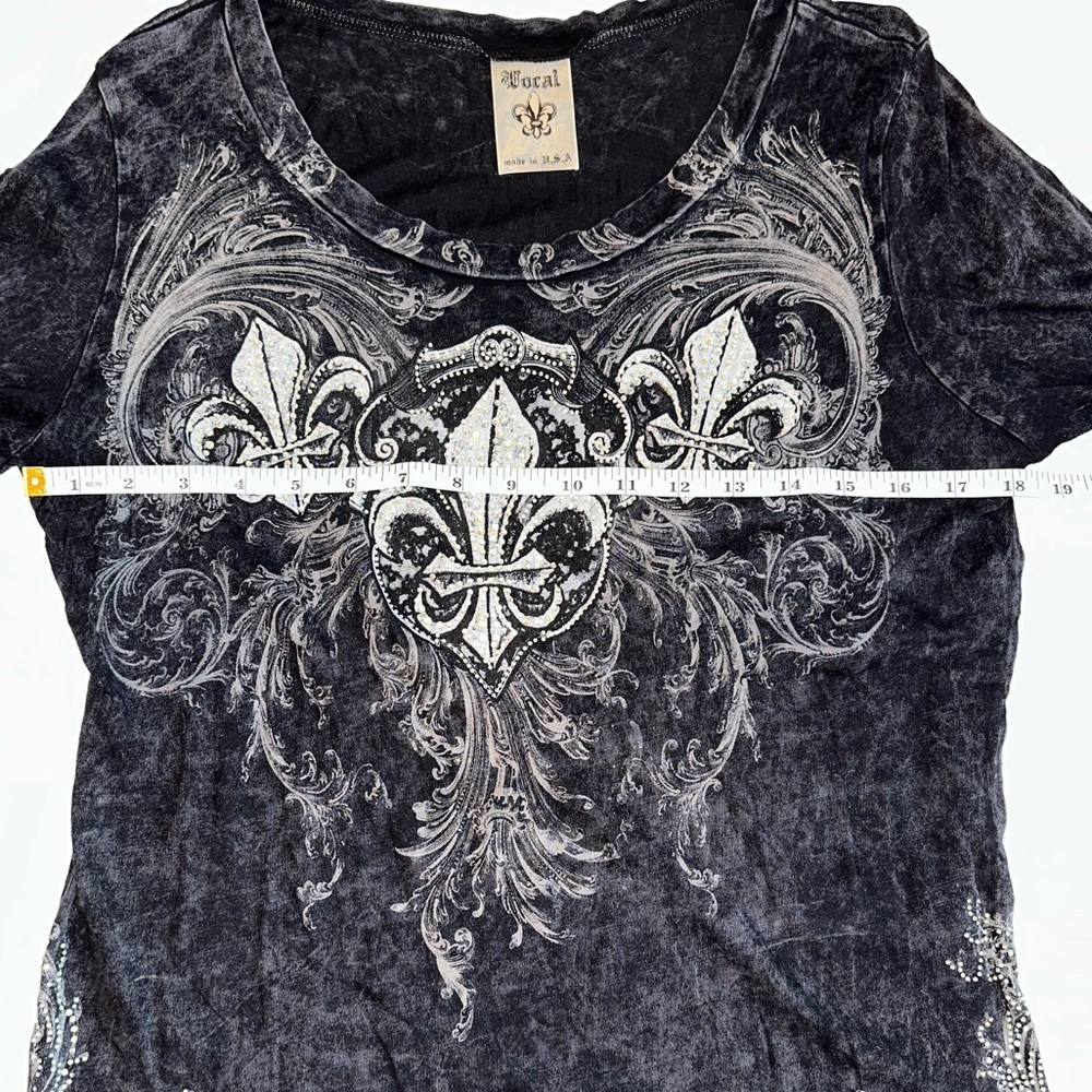Vocal Women’s Long Sleeve Top Black Gray Fleur De Lis Embellished Made in USA - Picture 5 of 9